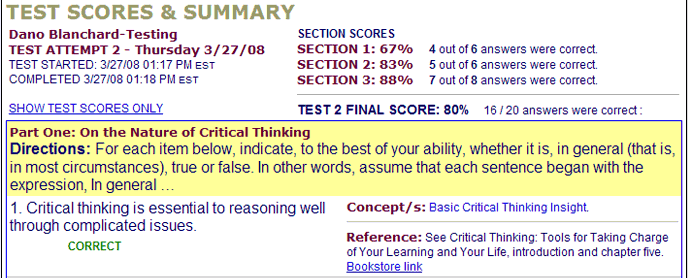 Student Test Results Sample Display